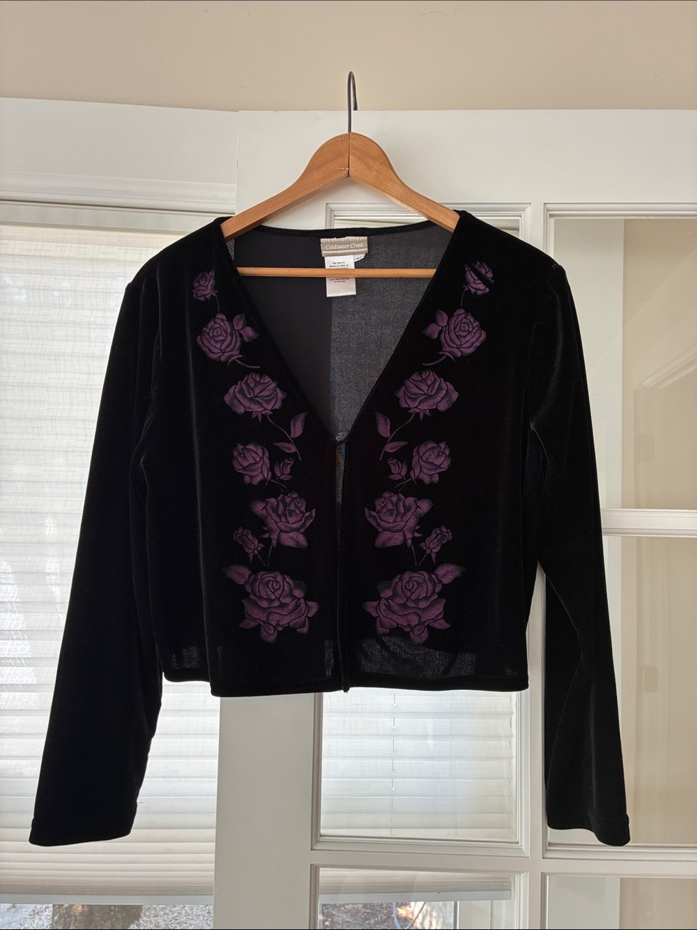 Christopher & Banks Black Velvet Cropped Cardigan with Purple Rose Appliqué
